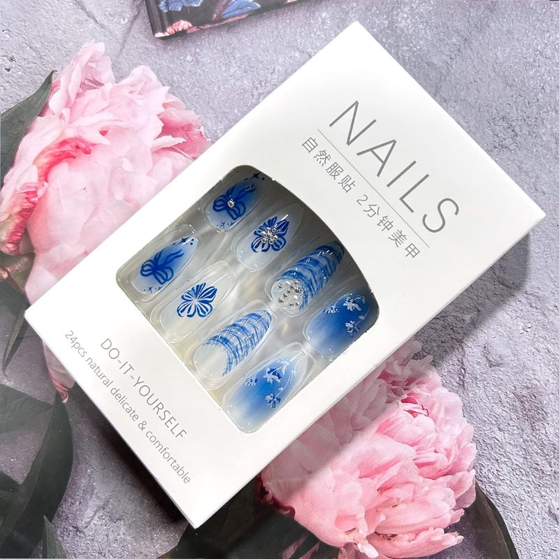 CJDLTS Flower Press on Nails Medium Almond Shaped Blue Artificial Acrylic Nails Gradient 3D Floral Butterfly with Bow Pearl Stick on Nails Full Cover Glue on Nail Artificial Fingernails for Women Manicure - Image 5